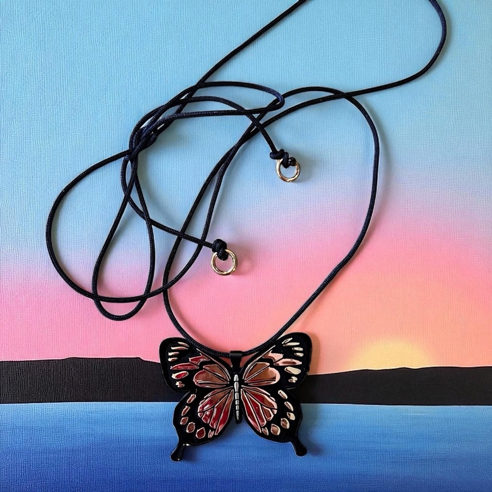Chic Black Rose Gold and Gold Toned Wrap Butterfly Pendant Necklace
